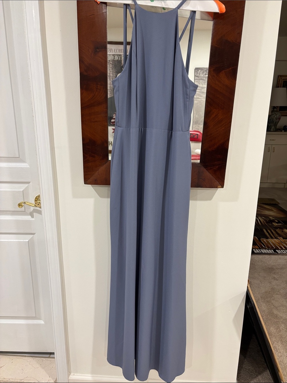 Amsale Elegant long slate blue crepe double strap halter dress size 4